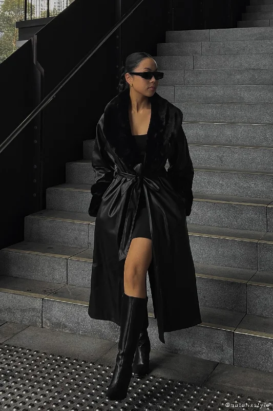 Rain Jacket-Rebekah Oversized Pu Trench Coat With Fur Trim - Black