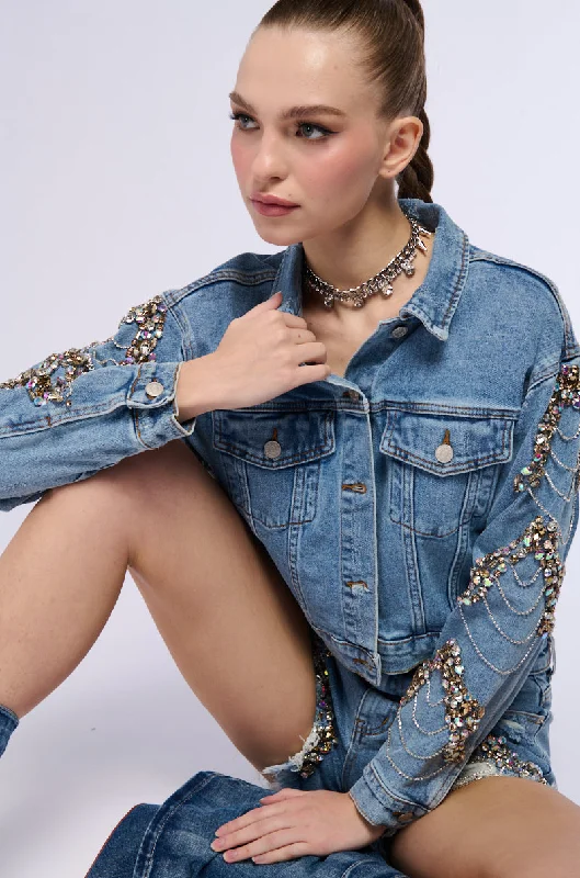 Tech Jacket-GLAMOROUS LIFE RHINESTONE JEAN JACKET