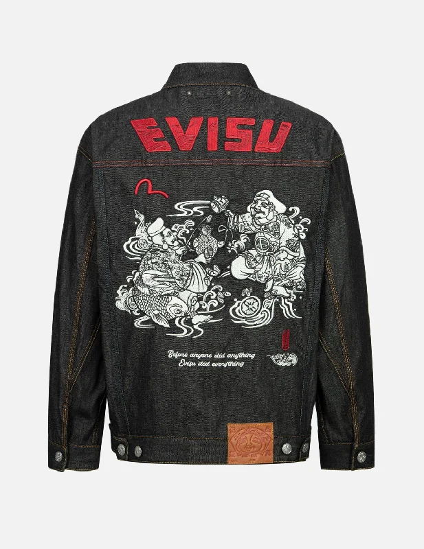 Winter Jacket-Two Gods Wealth Gathering Embroidery Loose Fit Kimono Denim Jacket