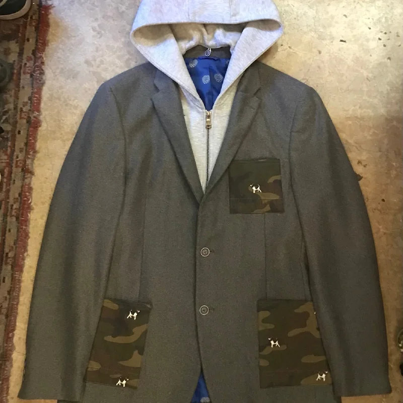 Techwear Jacket-GREY SUIT JACKET W/ BUILT IN HOODIE AND CAMO TWILL POCKETS