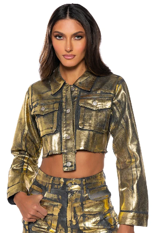 Full Sleeve Jacket-AUBREY BRUSHED METALLIC CROPPED DENIM JACKET