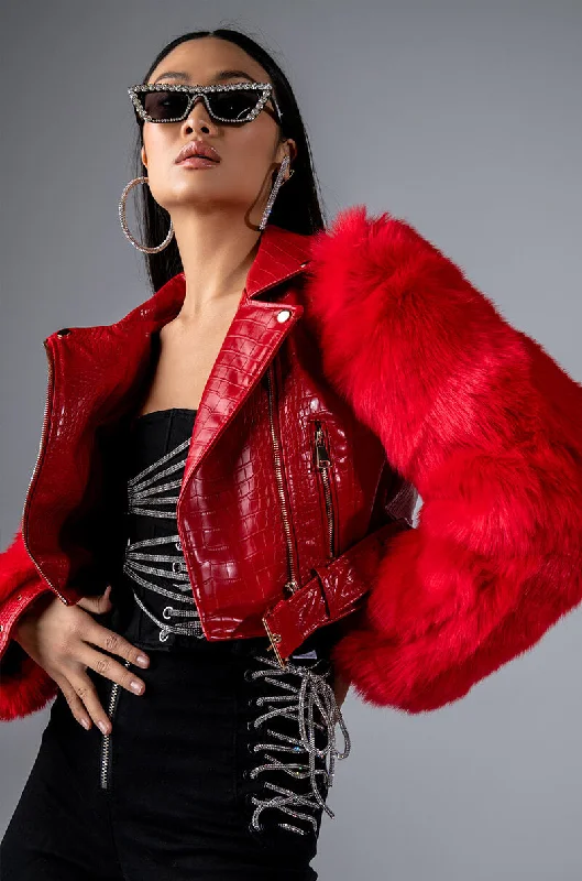 Stylish Jacket-AZALEA WANG RED NOLLA FAUX FUR ARMS CROC MOTO JACKET