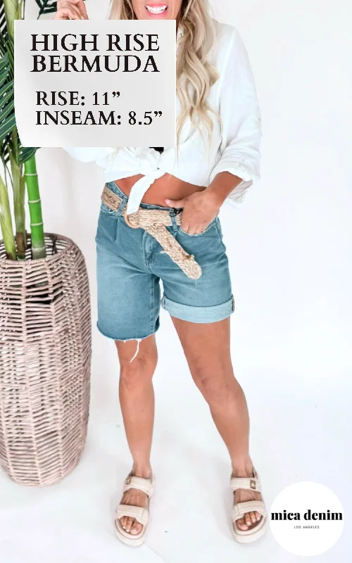 Trendsetting Shorts-The Gemma High Rise Pleated Bermuda Denim Shorts | MICA