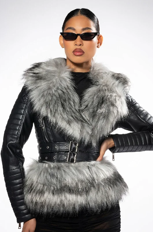 Transitional Jacket-NEVER CARED WAIST LINED FAUX FUR MOTO JACKET