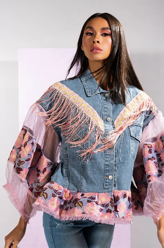 Lightweight Windbreaker Jacket-FRINGE EMBELLISHED DENIM JACKET