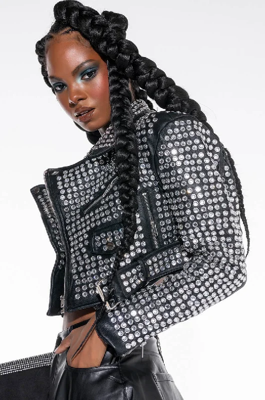 Travel-ready Jacket-AZALEA WANG GAZETTE 3000 STUDS MOTO JACKET IN BLACK