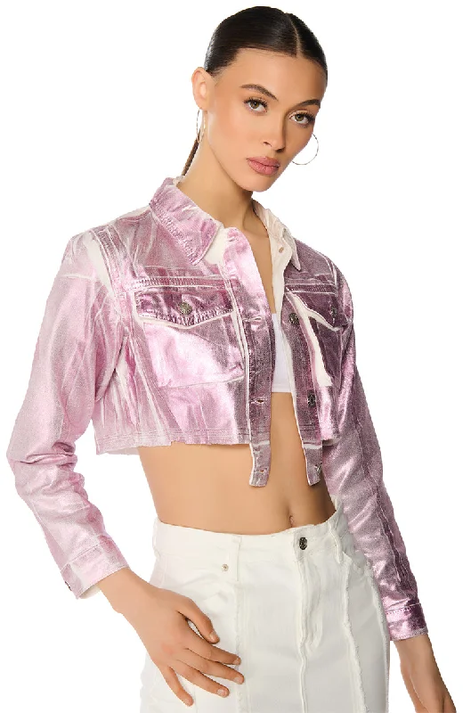 Eco-friendly Jacket-AUBREY BRUSHED METALLIC CROPPED DENIM JACKET IN PINK