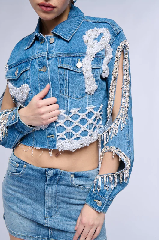 Varsity Jacket-TEXAS BOUND RHINESTONE FRINGE PEARL CROP DENIM JACKET WITH CUT OUT SLEEVE