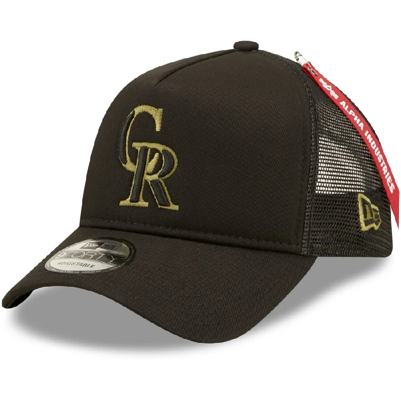 Hiking Hat-New Era Colorado Rockies x Alpha Industries A-Frame 9FORTY Trucker Snapback Hat-Black