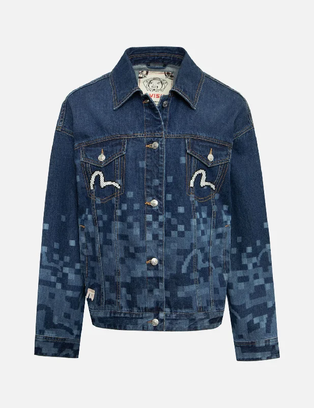 Outdoor Jacket-Pixel Seagull Embroidery and Print Oversized Denim Jacket