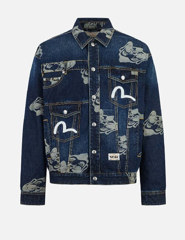 Military Jacket-Allover Godhead Jacquard and Seagull Embroidery Loose Fit Deconstructive Denim Jacket