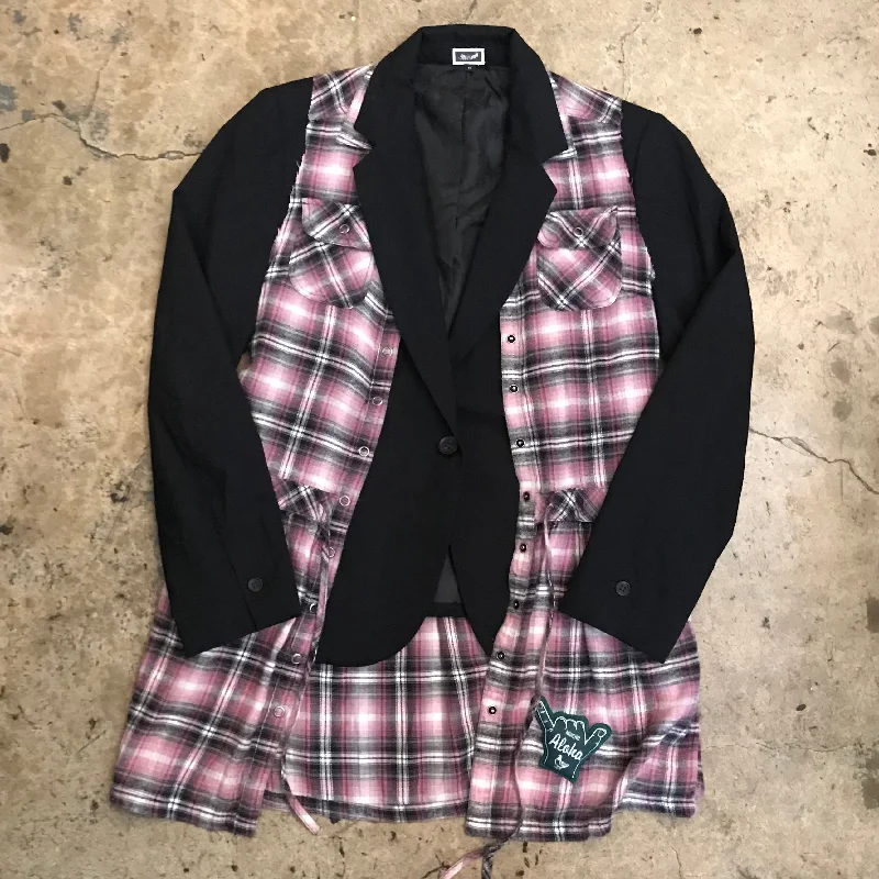 All-weather Jacket-BLACK SUIT JACKET W/ UK PLAID OVERLAY FLANNEL