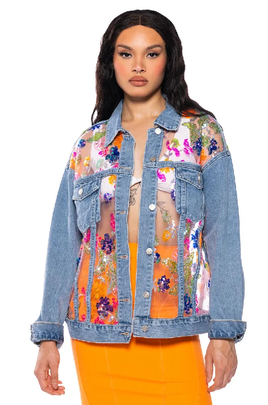 Trendsetting Bomber Jacket-MERCER FLORAL SHEER DENIM JACKET