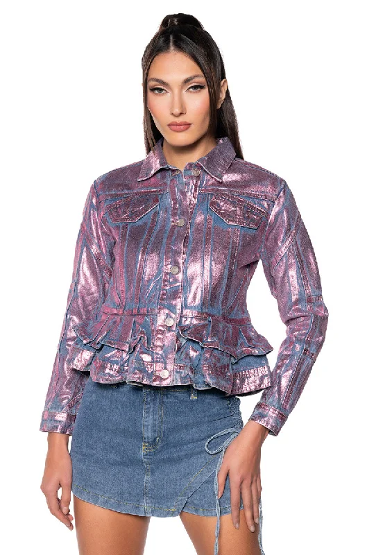 Casual Layer Jacket-METALLIC DENIM PEPLUM JACKET