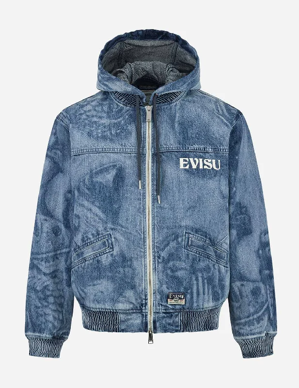 Premium Jacket-Fisherman Godhead Laser Print Loose Fit Hooded Denim Jacket