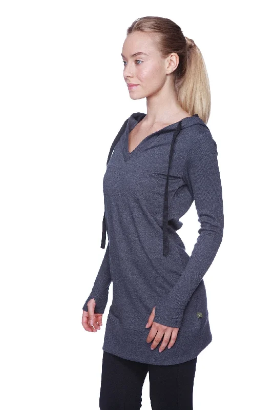 Premium Fabric Hoodie-Women's Long Body Hoodie Top (Charcoal w/Black)