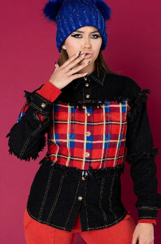 Stylish Puffer Jacket-HOLD YOU CLOSE DENIM AND PLAID JACKET