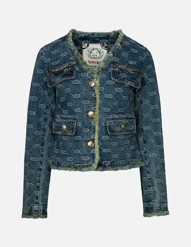 Quilted Jacket-Allover Logo Jacquard Fashion Fit Denim Jacket