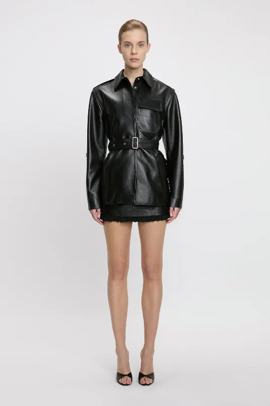 Graphic Jacket-Belted Boxy Leather Jacket In Black