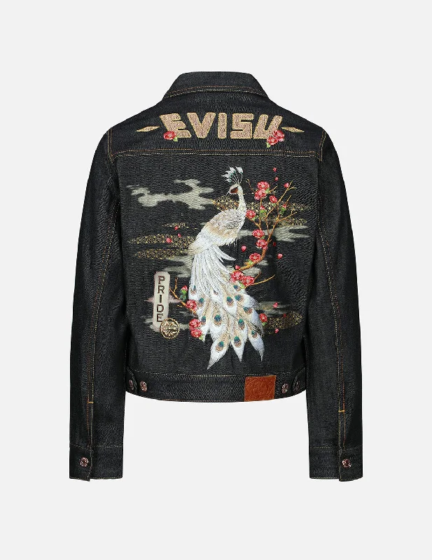 Modern Bomber Jacket-Peacock and Tsubaki Embroidery Denim Jacket