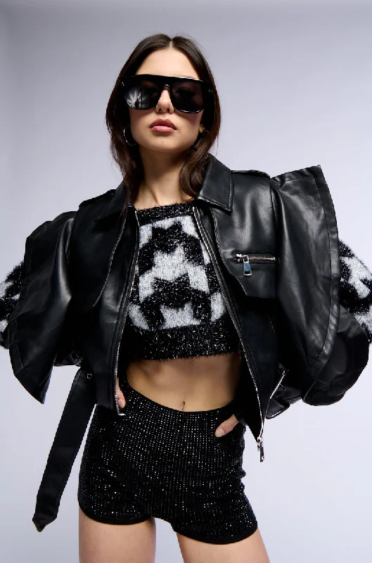 Street Style Jacket-HOT SHOT SHARP OPEN SHOULDER MOTO JACKET IN BLACK