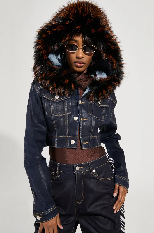 Classic Fit Jacket-SITTING PRETTY FUR TRIM COATED DENIM JACKET