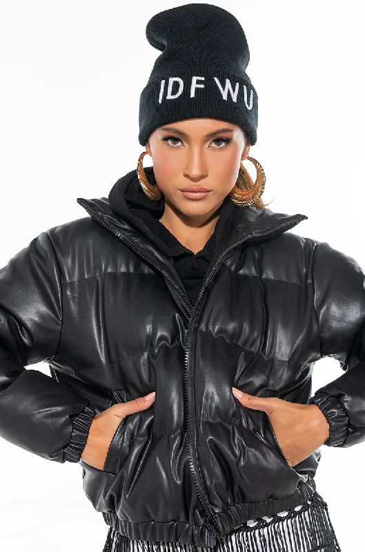 Graphic Jacket-ALL BLACK PLEATHER PUFFER JACKET