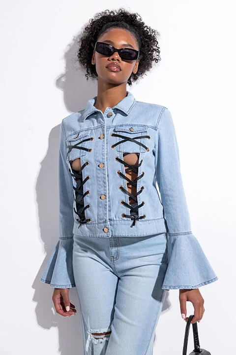 Hiking Jacket-RYLEY LACE UP DENIM BELL SLEEVE JACKET