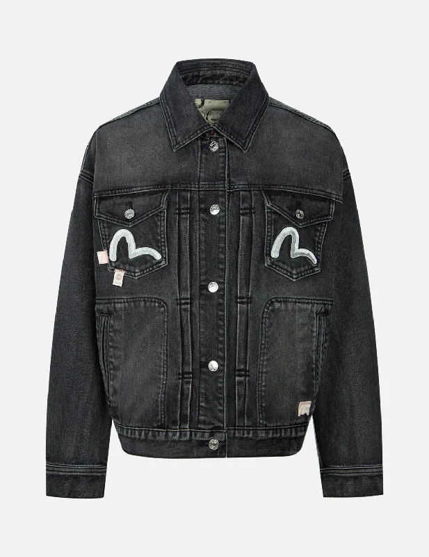 Statement Leather Jacket-Seagull Embroidery with Logo-pattern Panelled Fashion Fit Denim Jacket