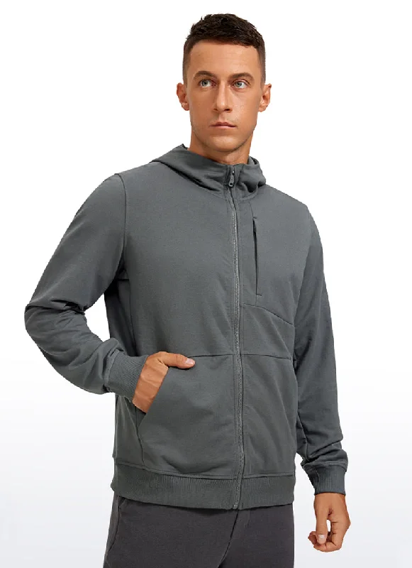 Double-breasted Jacket-Cotton Terry Zip-up Jackets with Pockets