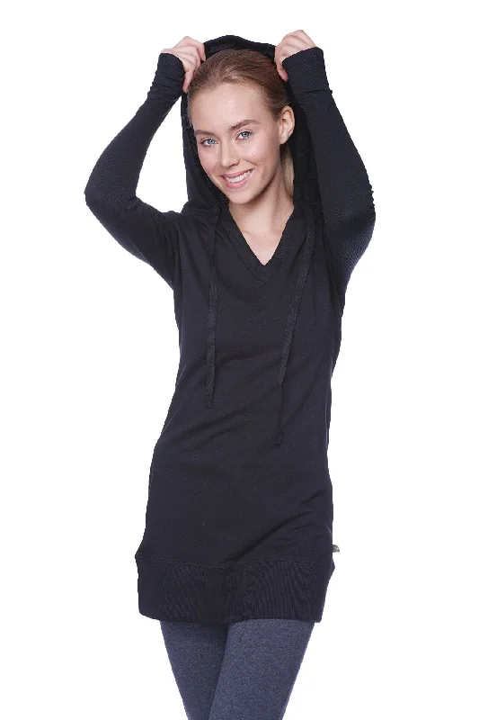 Workout Hoodie-Women's Long Body Hoodie Top (Solid Black)