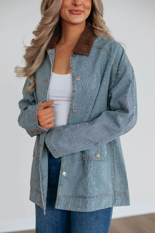 Moto Jacket-Harlan Striped Denim Jacket - Light Wash