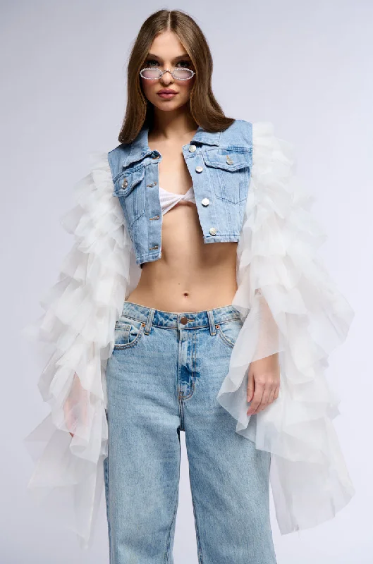 Waterproof Jacket-SWAN PRINCESS DENIM JACKET WITH RUFFLE SLEEVES