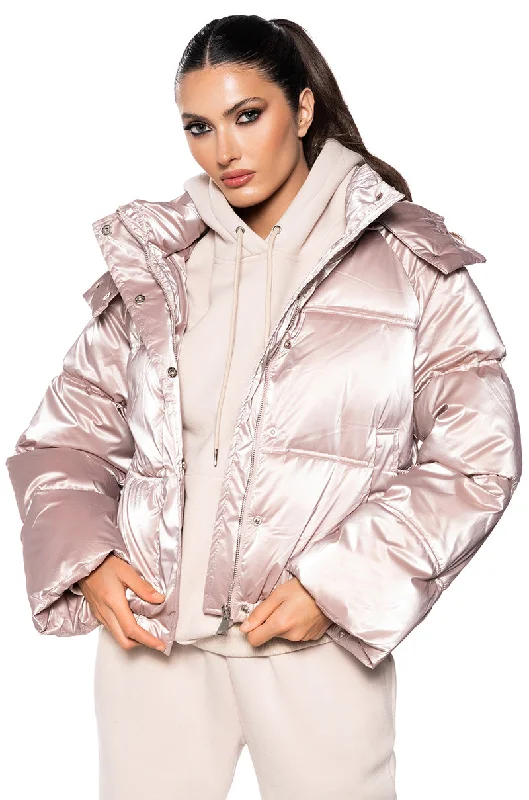 Casual Jacket-PINK METALLIC PUFFER JACKET