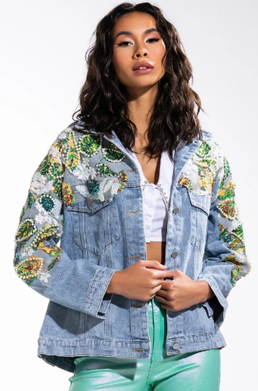 Cold Weather Jacket-FLOWER EMBELLISHED DENIM JACKET