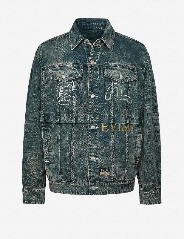 Track Jacket-Multi-Print and Embroidery Acid-Wash Fashion Fit Denim Jacket