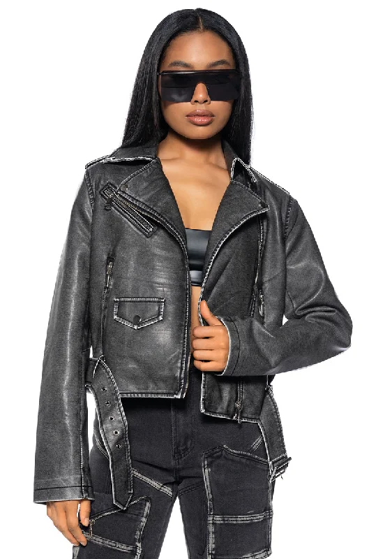 Lightweight Jacket-LOOKING FOR TROUBLE DISTRESSED MOTO JACKET