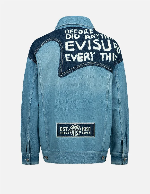 Warm Insulated Jacket-Seagull Embroidery and Slogan-print Blocking Denim Jacket