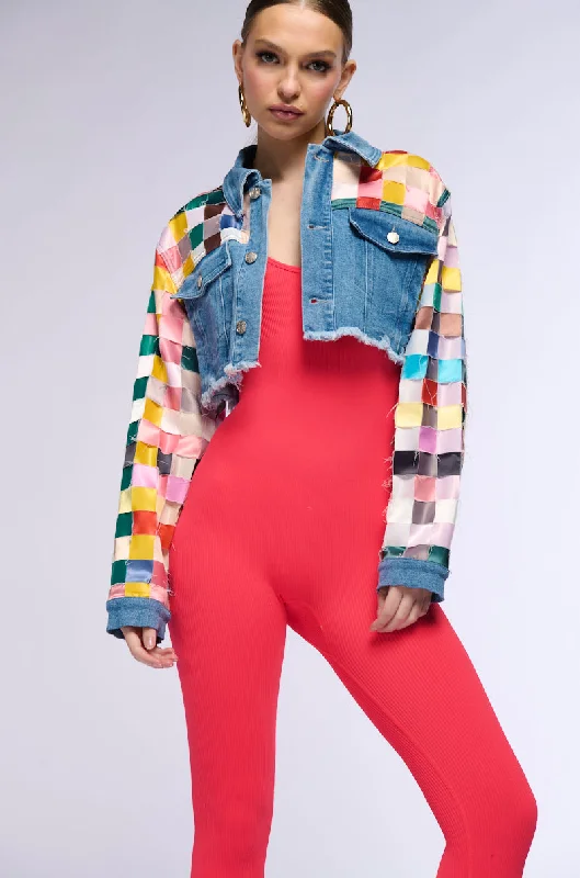 Outdoor Adventure Jacket-SATIN CHECKERED WEAVE CROP DENIM JACKET